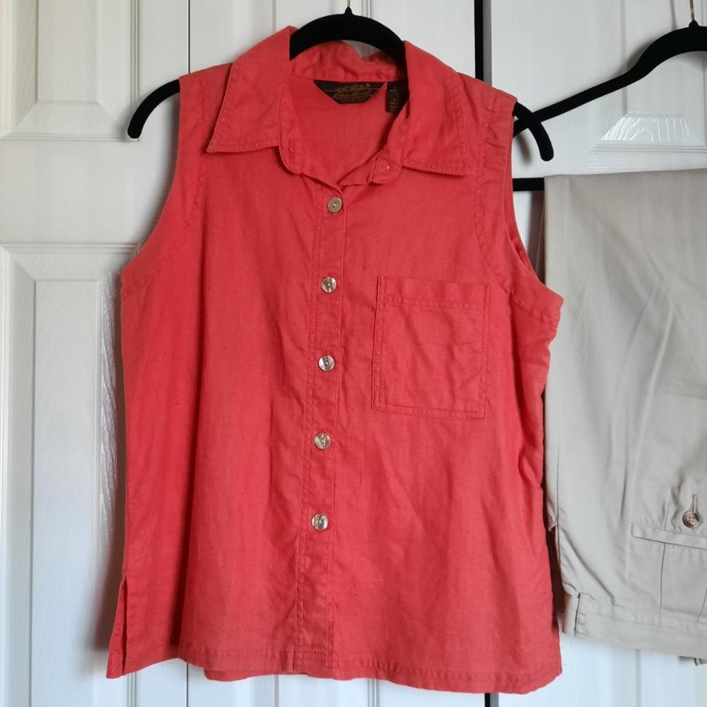 Eddie Bauer Linen Sleeveless Washed Red Button Down Shirt Size Small P